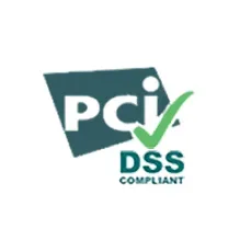 PCI DSS Compliant certification logo with a green checkmark.