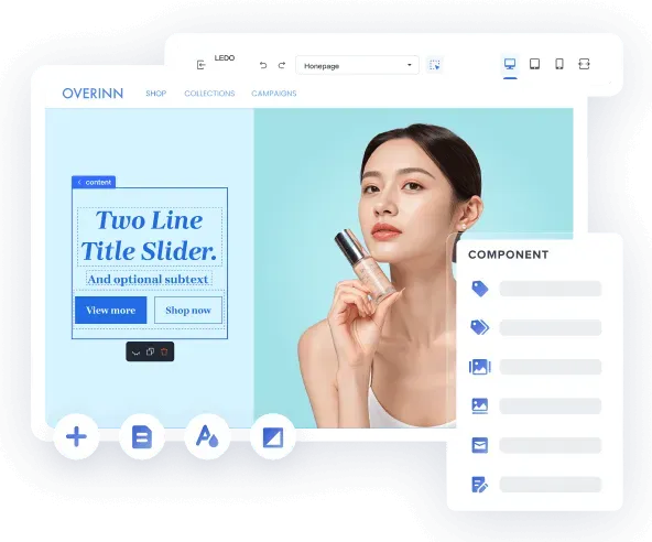Website design interface showing a woman holding a cosmetic product with text blocks and navigation elements on a light blue background.
