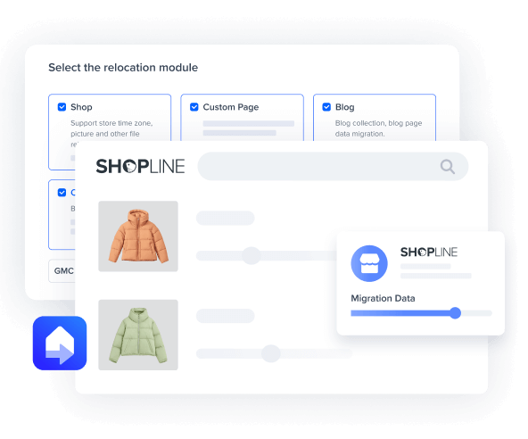 Interface of SHOPLINE platform showing product migration with images of two jackets and a progress bar labeled Migration Data.