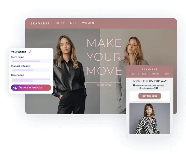 A fashion website mockup showing two women modeling stylish clothes with the text 'MAKE YOUR MOVE' and website elements for store setup and a sale announcement.