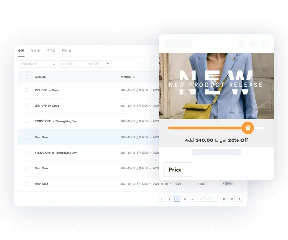 Interface showing a promotional discount list with offers like 25% off on Xmas and flash sales, alongside a fashion ad featuring a model with a yellow handbag and text 'NEW PRODUCT RELEASE'.