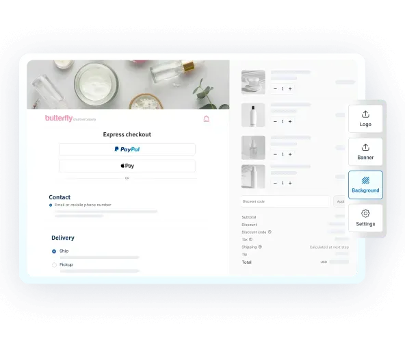 E-commerce checkout page with Butterfly Creative Agency logo, PayPal and Apple Pay options, contact and delivery details, and product summary with quantity selectors.
