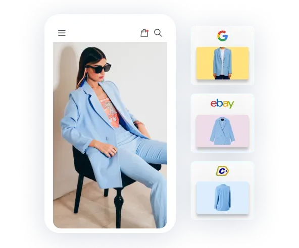 Woman wearing a light blue suit and sunglasses seated on a black chair next to icons of Google, eBay, and another marketplace showing the same blue suit.