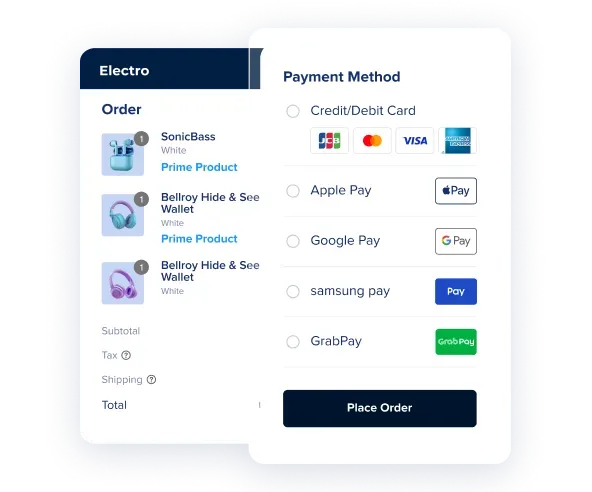 Checkout page showing an order summary with three electronic items and payment method options including credit card, Apple Pay, Google Pay, Samsung Pay, and GrabPay with a Place Order button.