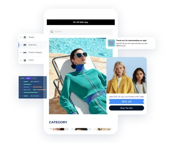 Smartphone screen displaying a fashion app interface with a model in sunglasses, discount pop-ups, and UI elements like header, slideshow, and product category.