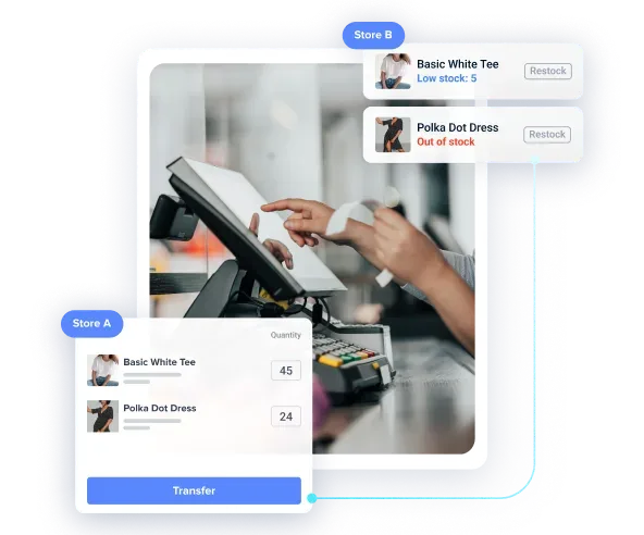 Hands operating a digital cash register touchscreen with inventory panels showing item quantities at Store A and stock status for Store B.