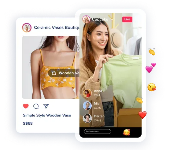 A woman live streaming while holding a green t-shirt, with viewers' comments and reactions visible on the screen, alongside an online shopping page showing a yellow floral crop top for sale.
