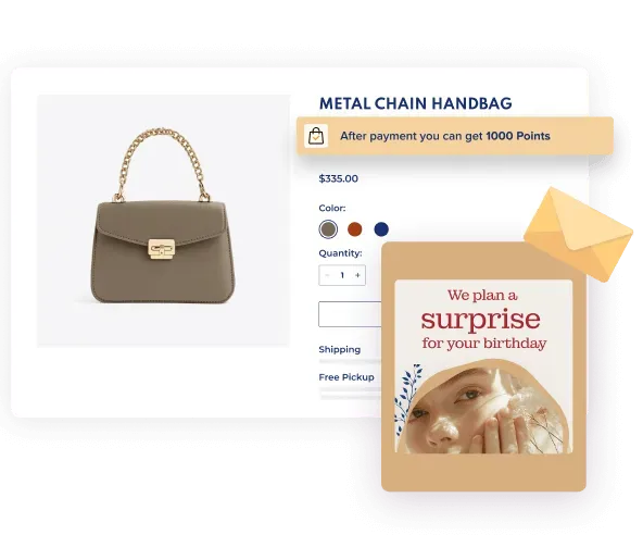 Online product page showing a taupe metal chain handbag with purchase options and a pop-up offering 1000 points after payment and a birthday surprise plan.