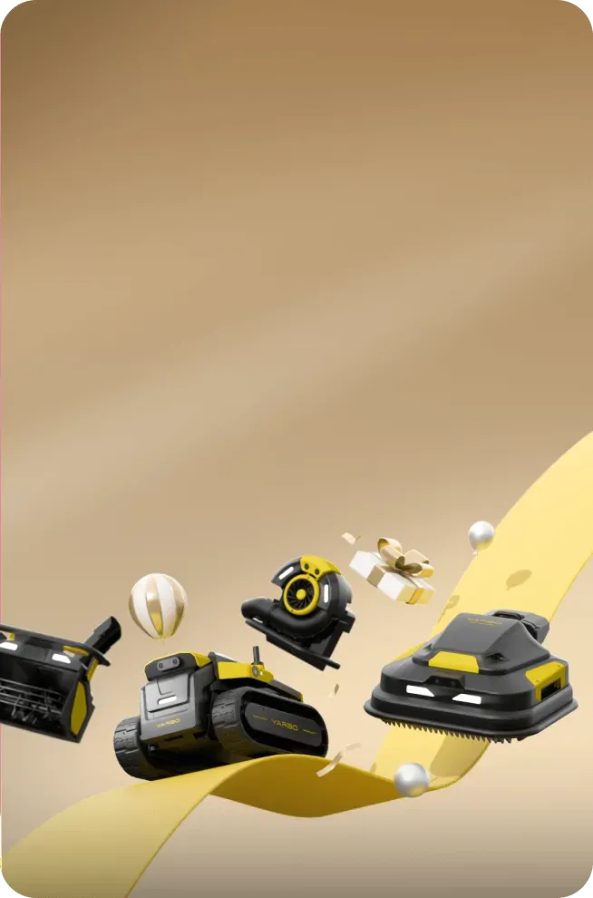 Four yellow and black robotic cleaning devices levitating over a yellow ribbon with floating white and gold decorative spheres and a gift box on a beige background.
