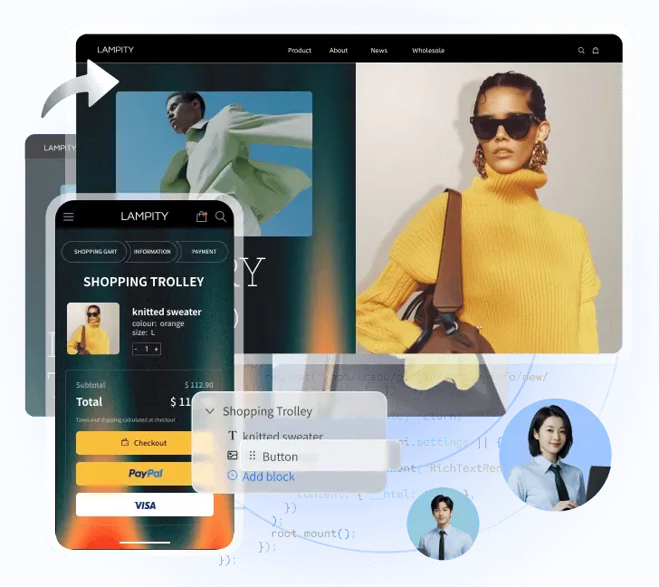Collage showing a mobile shopping app interface with a knitted sweater item, a fashion website with a model in a yellow sweater, and two headshots of people, all overlaid on a blue background with coding snippets.