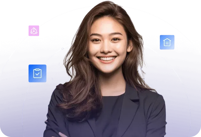 Smiling young woman with long brown hair wearing a dark blazer, standing with arms crossed against a blue background with white circular lines and small icons.