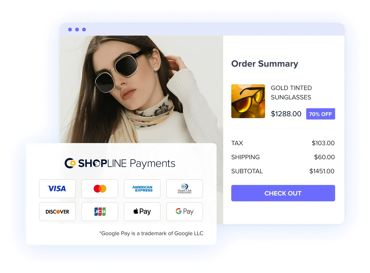 E-commerce checkout screen showing a woman wearing sunglasses, payment options including Visa, Mastercard, Amex, Apple Pay, and an order summary for gold tinted sunglasses with price, tax, shipping, and a checkout button.