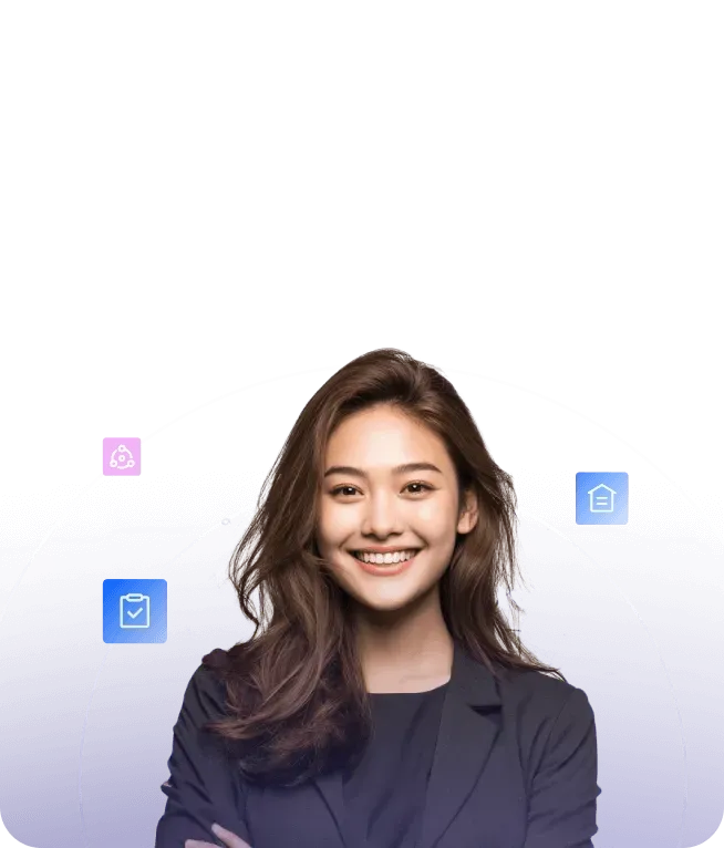 Smiling young woman with long brown hair wearing a black blazer against a blue background with glowing icons and curved lines.