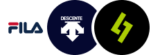 Logos of FILA, Descente, and a stylized green and yellow 'S' symbol on dark backgrounds.